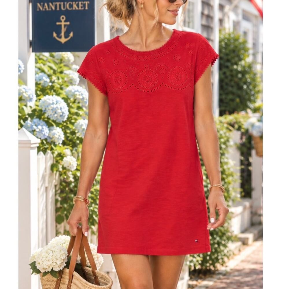 Tommy Hilfiger Red Eyelet Embroidered Cotton Shift Dress L